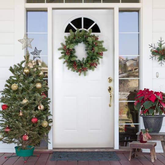 24" Pre-lit Noble Fir with Red Berries & Pinecones Artificial Christmas Wreath